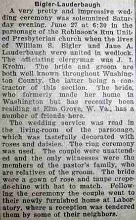 Marriage Notice for William S. BIGGER to Jane A. Lauderbaugh, 27 Jun 1925