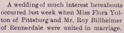Marriage Notice for Roy BILLHEIMER to Flora Yolton, no date, in 9-8-1905 paper