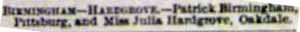 Marriage Notice for Patrick BIRMINGHAM to Julia Hardgrove, no date, in 7-10-1897 paper