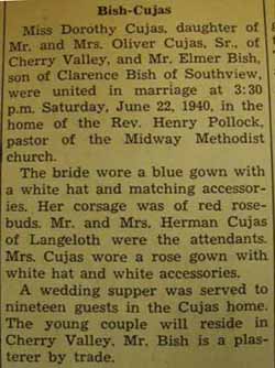 Marriage Notice for Elmer BISH to Dorothy Cujas, 22 Jun 1940