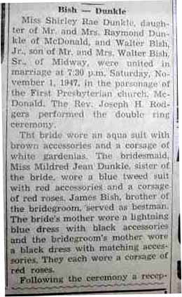 Part 1 Marriage Notice for Walter BISH, Jr. to Shirley Rae Dunkle, 1 Nov 1947