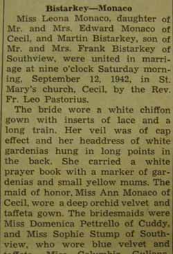 Part 1 Marriage notice for Martin BISTARKEY to Leona Monaco, 12 Sep 1942