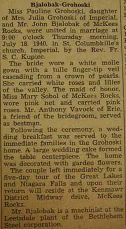 Marriage Notice for John BJALOBAK to Pauline Grohoski, 18 Jul 1940