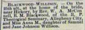 Marriage Notice for R. M. BLACKWOOD to Anna M. Willison, 25 Jul 1894