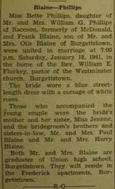 Marriage Notice for Frank BLAINE to Bette Phillips, 18 Jan 1941