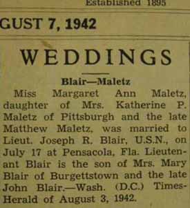 Marriage Notice for Joseph R. BLAIR to Margaret Ann Maletz, 17 Jul 1942