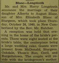 Marriage Notice for August BLANC to Alberta Longstreth, 24 Oct 1940
