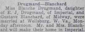 Article 1 Marriage Notice for Gustave BLANCHARD to Blanche Drugmand, no date, in 3-23-1922 paper