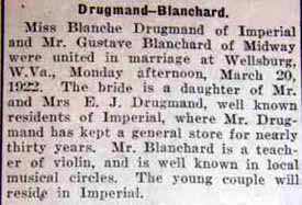 Article 2 Marriage Notice for Gustave BLANCHARD to Blanche Drugmand, no date, in 3-23-1922 paper