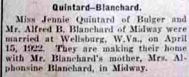 Marriage Notice for Alfred B. BLANCHARD to Jennie Quintard, 15 Apr 1922