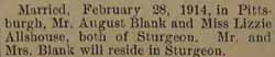 Marriage Notice for August BLANK to Lizzie Allshouse, 28 Feb 1914