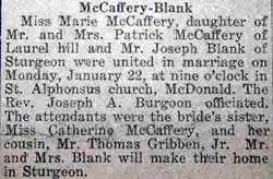 Marriage Notice for Joseph BLANK to Marie McCaffery, 22 Jan 1923