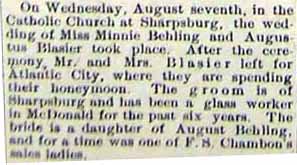 Wedding Announcement for Augustus BLASIER to Minnie Behling, 7 Aug 1912