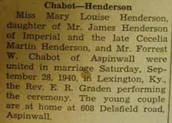 Marriage Notice for 
        Forrest W. CHABOT to Mary Louise Henderson, 28 Sep 1940
