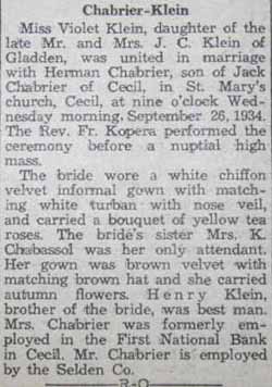 Marriage Notice for Herman CHABRIER to Violet Klein, 26 Sep 1934