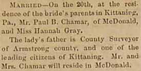 Marriage Notice for  Paul B. CHAMAR to Hannah Gray, 20 Dec 1891