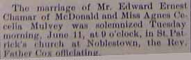Marriage Notice #2 for Edward Ernest CHAMAR to Agnes Cecelia MULVEY, Tues., 11 Jun 1912