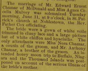 Marriage Notice for Edward Ernest CHAMAR to Agnes Cecelia MULVEY, Tues., 11 Jun 1912