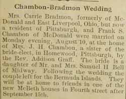 Wedding notice for  Frank S. CHAMBON to Mrs. Carrie BRADMON, Mon., 10 Aug 1914