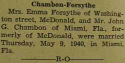 Marriage Notice for John CHAMBON to Mrs. Emma Forsythe, 9 May 1940