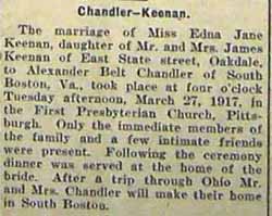 Marriage Notice for Alexander Belt CHANDLER to Edna Jane Keenan, 27 Mar 1917