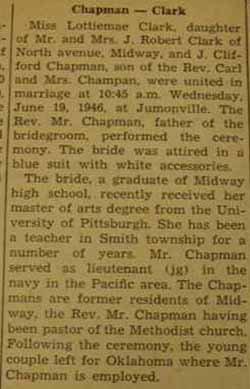 Marriage Notice for J. Clifford CHAPMAN to Lottiemae Clark, 19 Jun 1946
