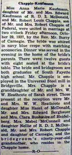 Marriage Notice for Robert Louis CHAPPLE to Anna Marie Kaufmann, 29 Oct 1937