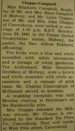 Marriage Notice for Louis CHAPPO to Elizabeth Campbell, 24 Jun 1940