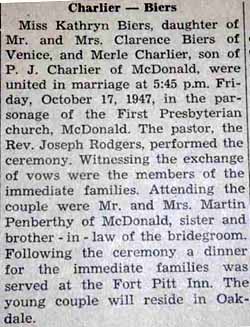 Marriage Notice for Merle CHARLIER to Kathryn Biers, 17 Oct 1947