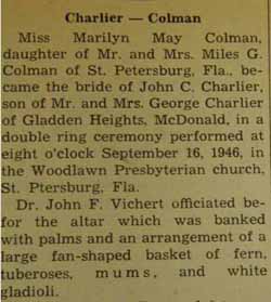Part 1 Marriage Notice for John C. CHARLIER to Marilyn May Colman, 16 Sep 1946