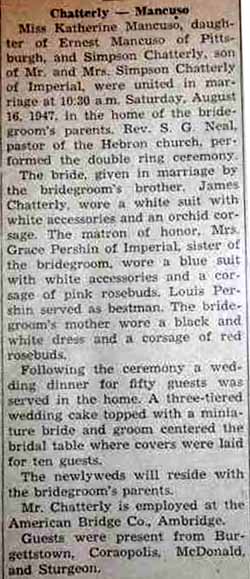 Marriage Notice for Simpson CHATTERLY to Katherine Mancuso, 16 Aug 1947