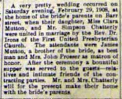 Marriage Notice for Simpson CHATTERLY to Clara Mutton, 29 Feb 1908