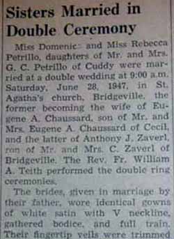 Part 1 Marriage Notice for Eugene A. CHAUSSARD to Rebecca Petrillo, 28 Jun 1947