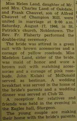 Marriage Notice for Frank CHAUVET to Helen Land, 17 Aug 1946