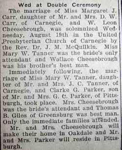 Marriage Notice for W. Leon CHEESEBROUGH to Margaret J. Carr, 19 Aug 1925
