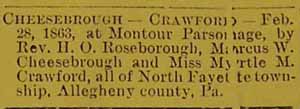Wedding notice for Marcus W. CHEESEBROUGH to Myrtle M. Crawford, 28 Feb 1893 - maybe 1863 or 1868