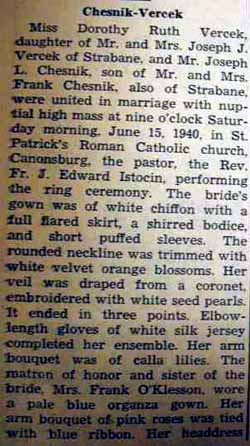 Part 3 Marriage Notice for Joseph L. CHESNIK to Dorothy Ruth Vercek, 15 Jun 1940