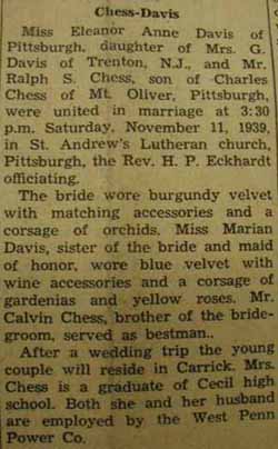 Marriage Notice for Ralph S. CHESS to Eleanor Anne Davis, 11 Nov 1939