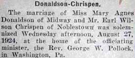 Marriage Notice for Earl Wilson CHRISPEN to Mary Agnes Donaldson, 27 Aug 1924