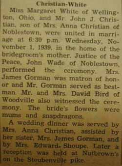 Marriage Notice for John J. CHRISTIAN to Margaret White, 1 Nov 1939