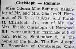 Part 1 Marriage Notice for Frank H. CHRISTOPH, Jr. to Odessa Mae Rommes, 5 Sep 1947
