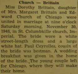 Marriage Notice for Edward CHURCH to Dorothy Brittain, 30 Nov 1946