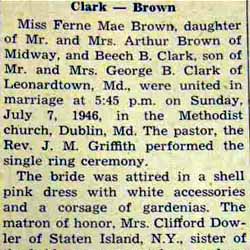 Part 1 Marriage Notice for Beech B. CLARK to Ferne Mae Brown, 7 Jul 1946