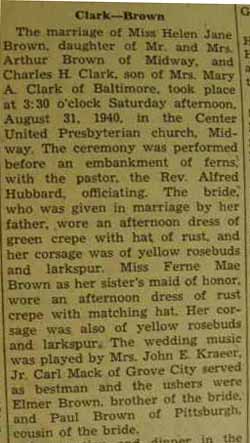 Part 1 Marriage Notice for Charles H. CLARK to Helen Jane Brown, 31 Aug 1940