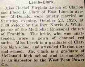Marriage Notice for Floyd L. CLARK to Rachel Virginia Leech, 23 Oct 1926