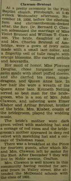 Marriage Notice for William T. CLAWSON to Violet Brutout, 18 Nov 1936