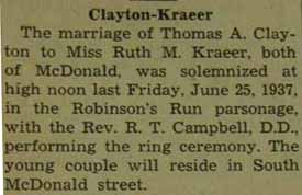 Marriage Notice for Thomas A. CLAYTON to Ruth M. Kraeer, 25 Jun 1937