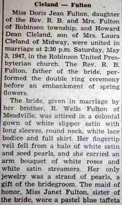 Part 1 Marriage Notice for Howard Dean CLELAND to Doris Jean Fulton, 3 May 1947