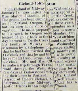 Marriage Notice for John CLELAND to Miss Marion JOHNSTON, Wed., Jan. 18, 1927