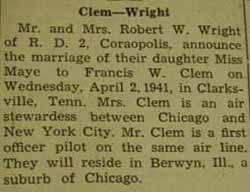 Marriage Notice for Francis W. CLEM to Maye Wright, 2 Apr 1941